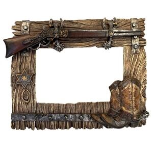 Western Cowboy Boot Spur Rifle Rustic Wood Look Photo Frame 4x6 Ranch Decor *